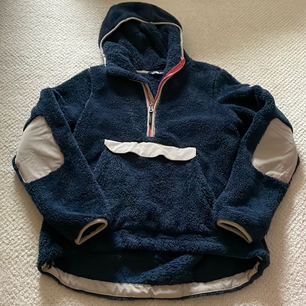 Northface Navy Fleece Hooded Pullover with tan and pink accents, size medium